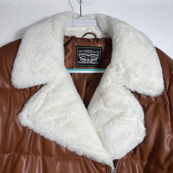 Levis Brown Faux Leather Sherpa Collar Puffer Jacket With Zipper Pockets Size XL - Picture 3 of 9